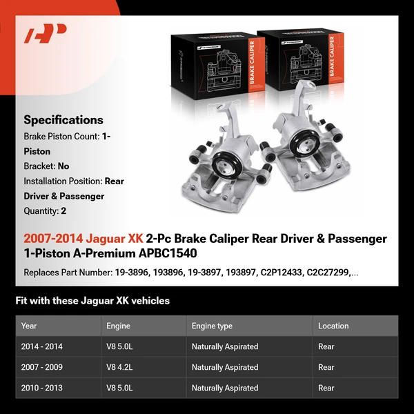 2007-2014 Jaguar XK 2-Pc Brake Caliper Rear Driver & Passenger 1-Piston A-Premium APBC1540