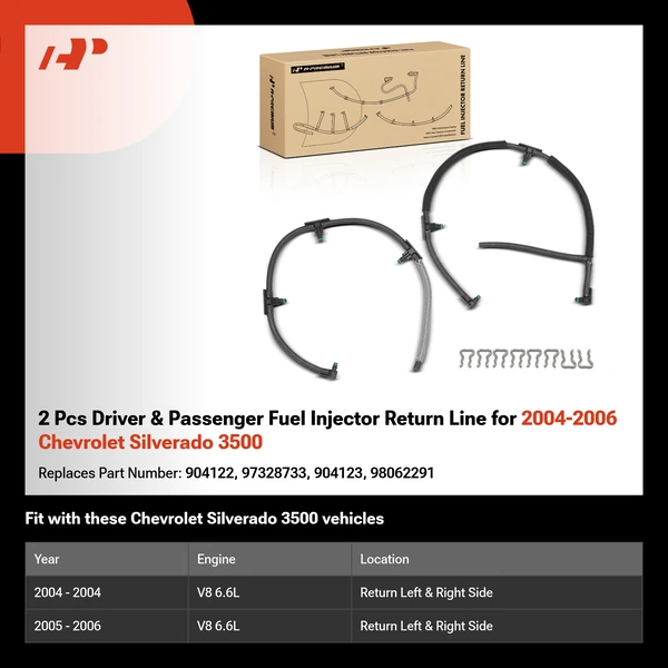 2 Pcs Driver & Passenger Fuel Injector Return Line for 2004-2006 Chevrolet Silverado 3500