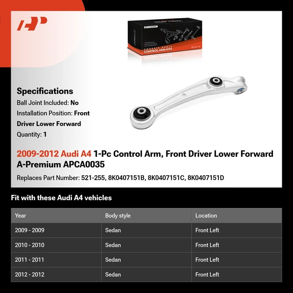 2009-2012 Audi A4 1-Pc Control Arm, Front Driver Lower Forward A-Premium APCA0035