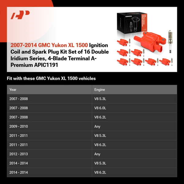 2007-2014 GMC Yukon XL 1500 Ignition Coil and Spark Plug Kit Set of 16 Double Iridium Series, 4-Blade Terminal A-Premium APIC1191