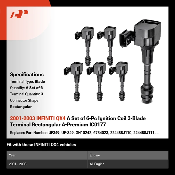2001-2003 INFINITI QX4 A Set of 6-Pc Ignition Coil 3-Blade Terminal Rectangular A-Premium IC0177