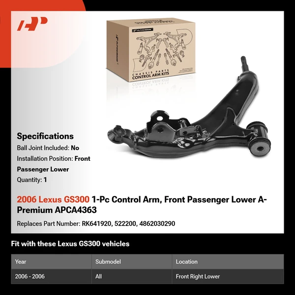 2006 Lexus GS300 1-Pc Control Arm, Front Passenger Lower A-Premium APCA4363