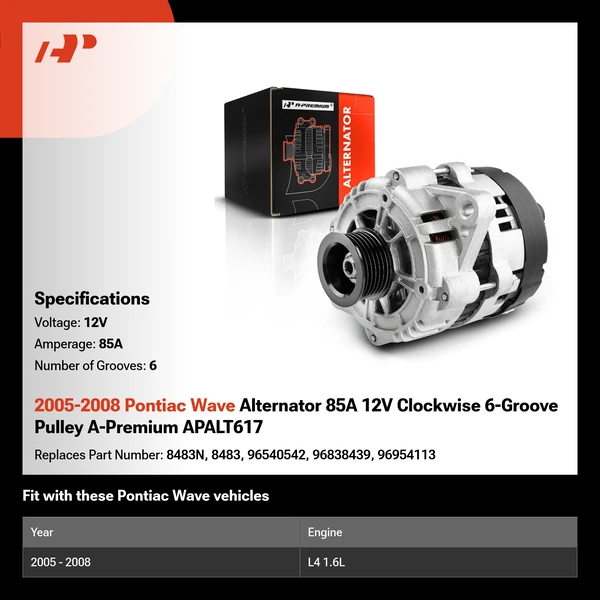 2005-2008 Pontiac Wave Alternator 85A 12V Clockwise 6-Groove Pulley A-Premium APALT617