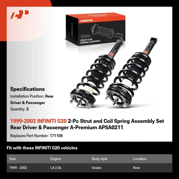 1999-2002 INFINITI G20 2-Pc Strut and Coil Spring Assembly Set Rear Driver & Passenger A-Premium APSA0211