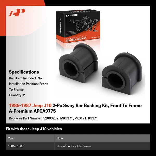 1986-1987 Jeep J10 2-Pc Sway Bar Bushing Kit, Front To Frame A-Premium APCA9775