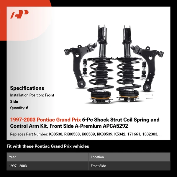 1997-2003 Pontiac Grand Prix 6-Pc Shock Strut Coil Spring and Control Arm Kit, Front Side A-Premium APCA5292