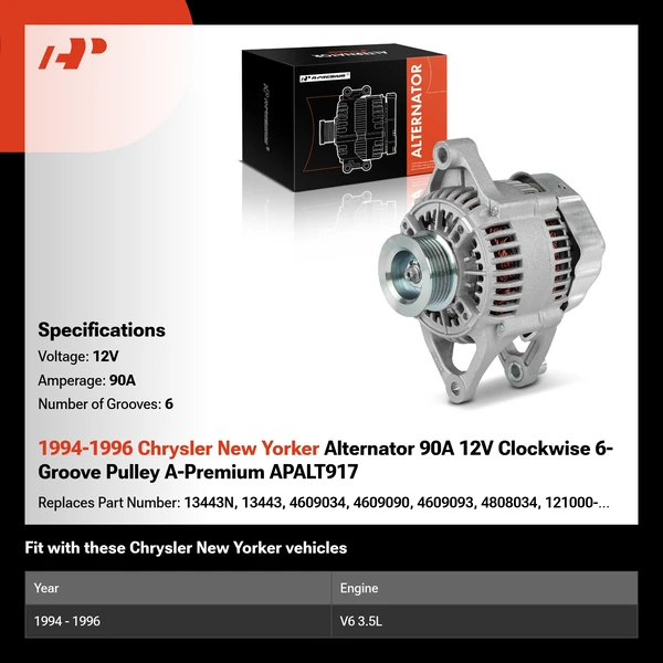 1994-1996 Chrysler New Yorker Alternator 90A 12V Clockwise 6-Groove Pulley A-Premium APALT917