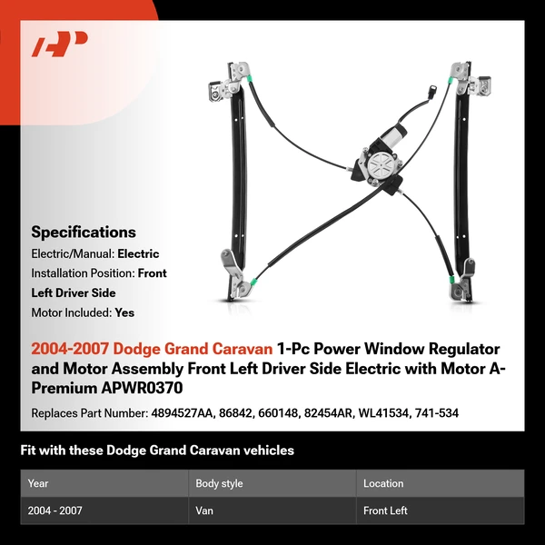 2004-2007 Dodge Grand Caravan 1-Pc Power Window Regulator and Motor Assembly Front Left Driver Side Electric with Motor A-Premium APWR0370