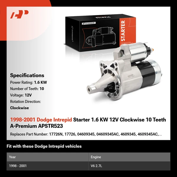 1998-2001 Dodge Intrepid Starter 1.6 KW 12V Clockwise 10 Teeth A-Premium APSTR523