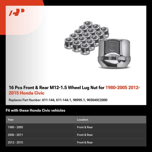 16 Pcs Front & Rear M12-1.5 Wheel Lug Nut for 1980-2005 2012-2015 Honda Civic