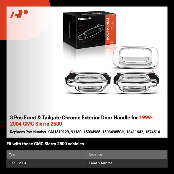 3 Pcs Front & Tailgate Chrome Exterior Door Handle for 1999-2004 GMC Sierra 2500