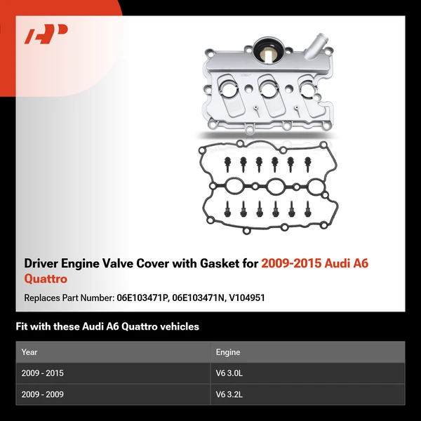 Driver Engine Valve Cover with Gasket for 2009-2015 Audi A6 Quattro