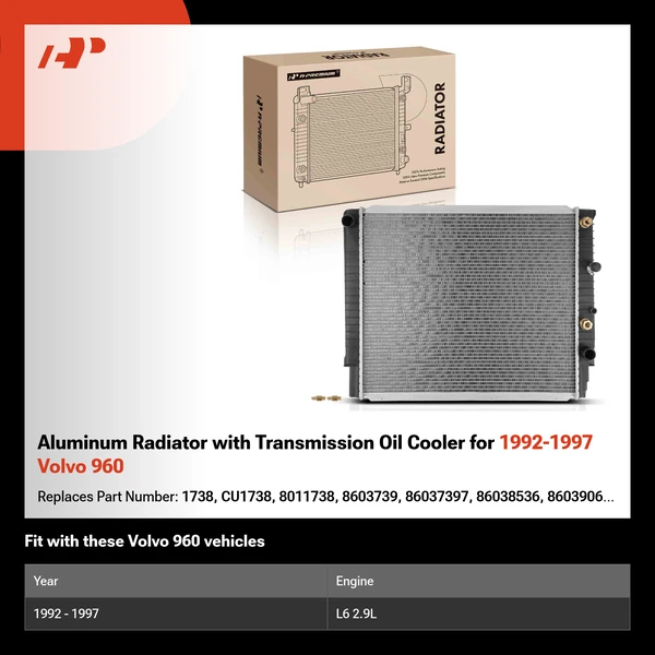 Aluminum Radiator with Transmission Oil Cooler for 1992-1997 Volvo 960