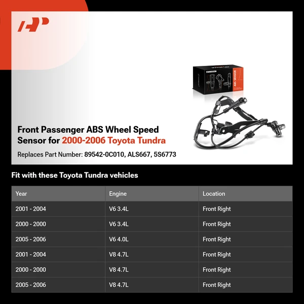 Front Passenger ABS Wheel Speed Sensor for 2000-2006 Toyota Tundra