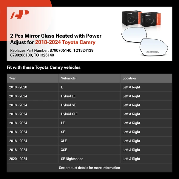 2 Pcs Mirror Glass Heated with Power Adjust for 2018-2024 Toyota Camry