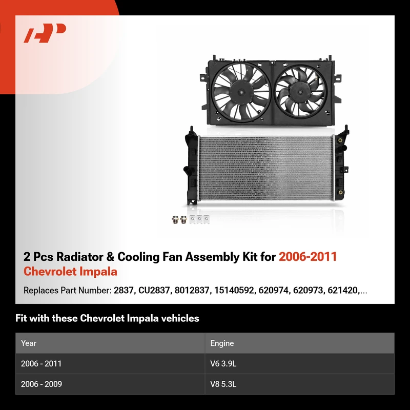 2 Pcs Radiator & Cooling Fan Assembly Kit for 2006-2011 Chevrolet Impala