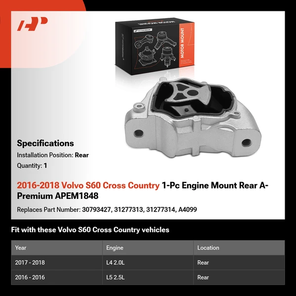 2016-2018 Volvo S60 Cross Country 1-Pc Engine Mount Rear A-Premium APEM1848