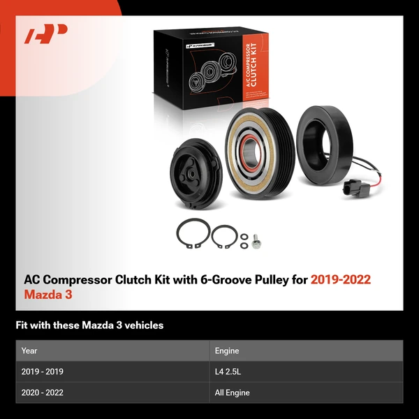AC Compressor Clutch Kit with 6-Groove Pulley for 2019-2022 Mazda 3