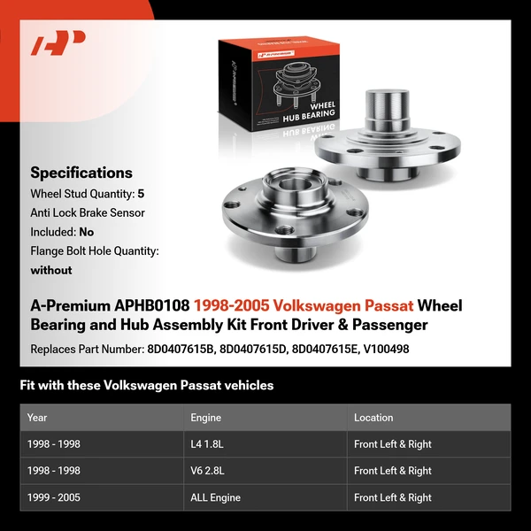 A-Premium APHB0108 1998-2005 Volkswagen Passat Wheel Bearing and Hub Assembly Kit Front Driver & Passenger