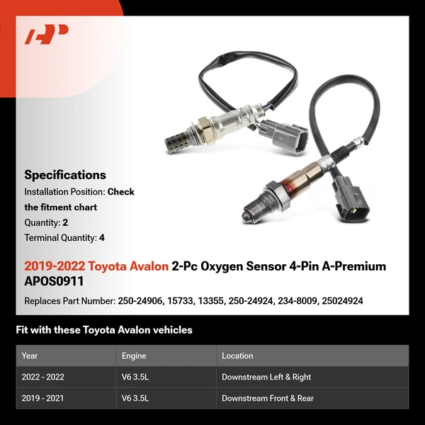 2019-2022 Toyota Avalon 2-Pc Oxygen Sensor 4-Pin A-Premium APOS0911
