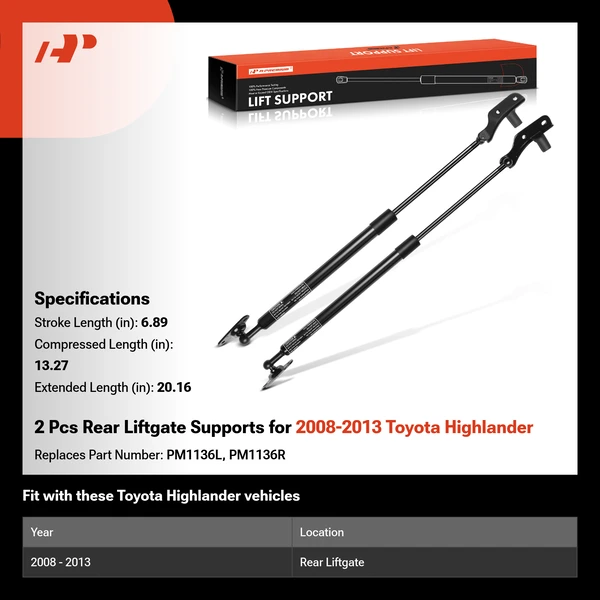 2 Pcs Rear Liftgate Supports for 2008-2013 Toyota Highlander