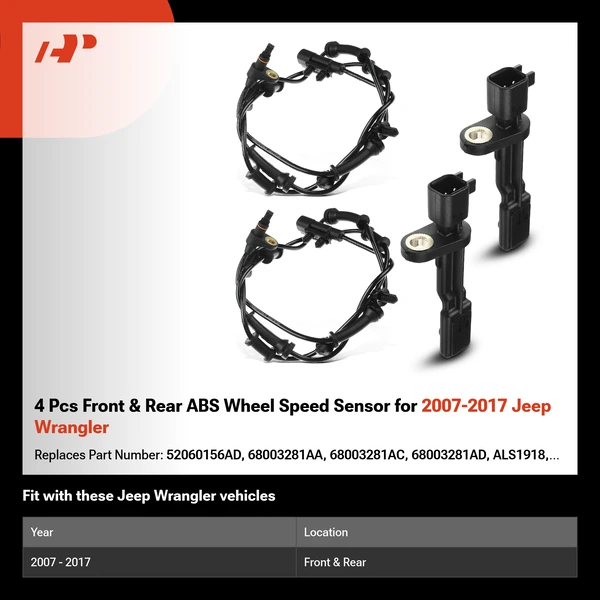 4 Pcs Front & Rear ABS Wheel Speed Sensor for 2007-2017 Jeep Wrangler
