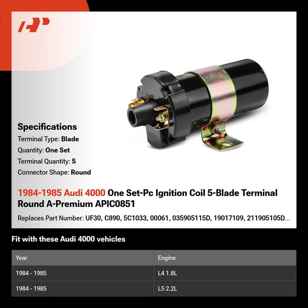 1984-1985 Audi 4000 One Set-Pc Ignition Coil 5-Blade Terminal Round A-Premium APIC0851