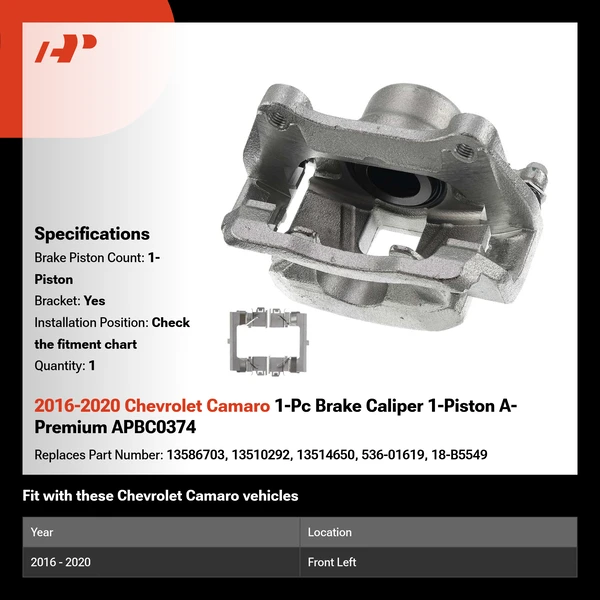 2016-2020 Chevrolet Camaro 1-Pc Brake Caliper 1-Piston A-Premium APBC0374