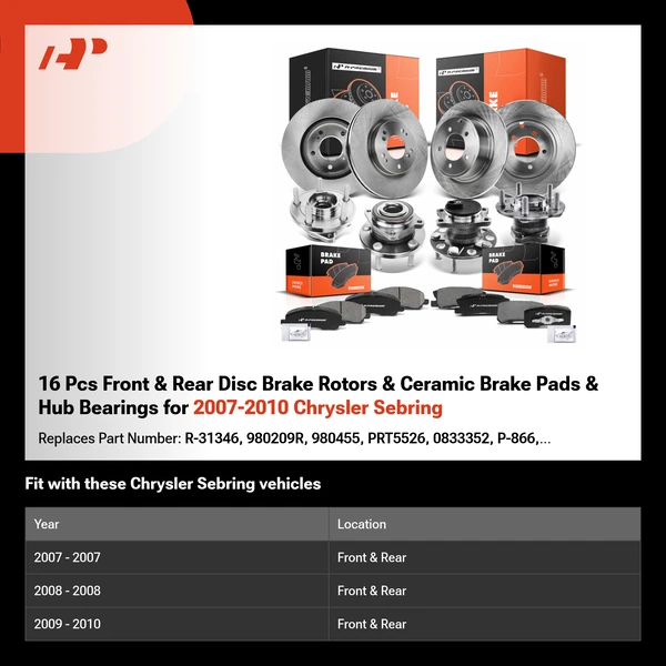 16 Pcs Front & Rear Disc Brake Rotors & Ceramic Brake Pads & Hub Bearings for 2007-2010 Chrysler Sebring