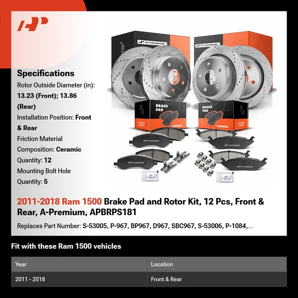 2011-2018 Ram 1500 Brake Pad and Rotor Kit, 12 Pcs, Front & Rear, A-Premium, APBRPS181