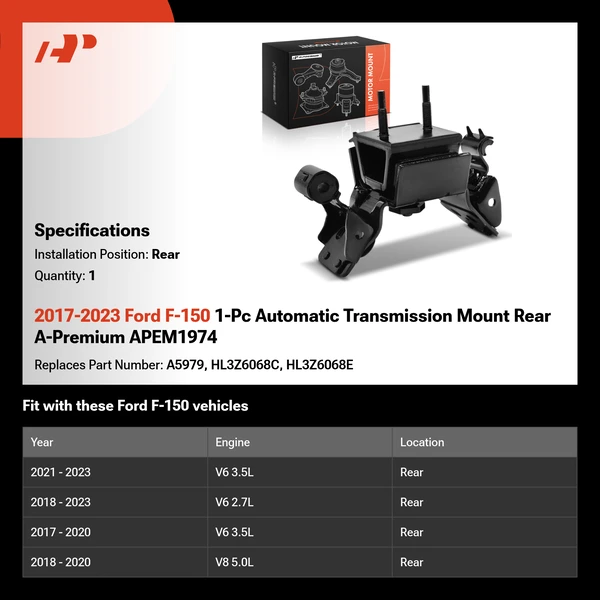 2017-2023 Ford F-150 1-Pc Automatic Transmission Mount Rear A-Premium APEM1974