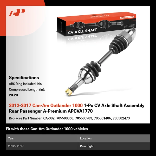 2012-2017 Can-Am Outlander 1000 1-Pc CV Axle Shaft Assembly Rear Passenger A-Premium APCVA1770