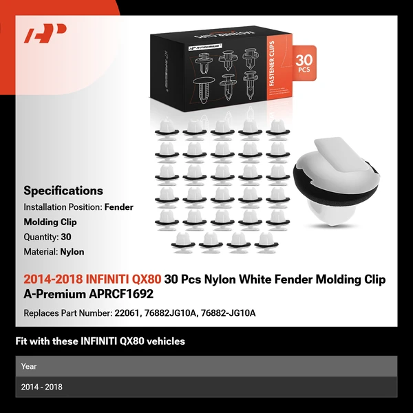 2014-2018 INFINITI QX80 30 Pcs Nylon White Fender Molding Clip A-Premium APRCF1692