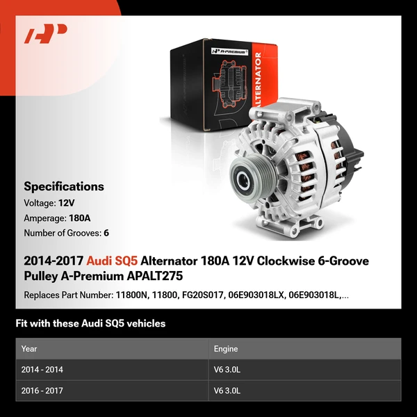 2014-2017 Audi SQ5 Alternator 180A 12V Clockwise 6-Groove Pulley A-Premium APALT275
