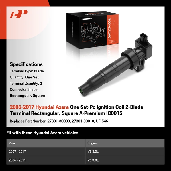 2006-2017 Hyundai Azera One Set-Pc Ignition Coil 2-Blade Terminal Rectangular, Square A-Premium IC0015
