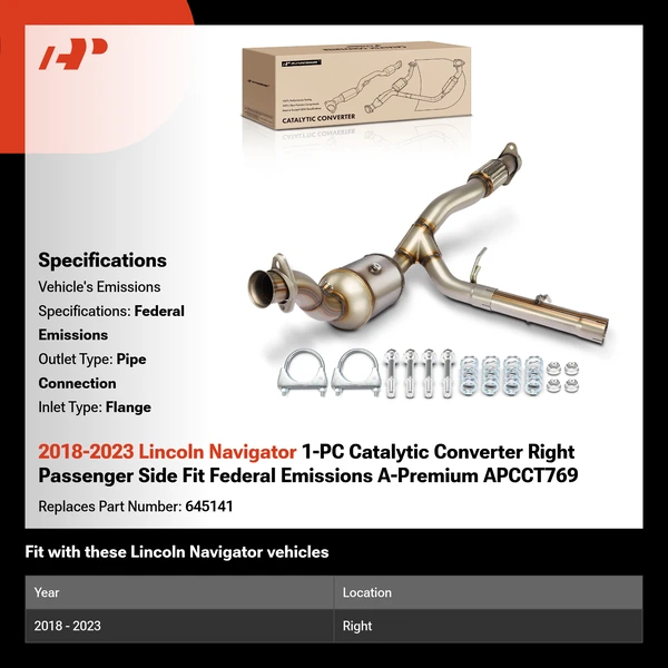 2018-2023 Lincoln Navigator 1-PC Catalytic Converter Right Passenger Side Fit Federal Emissions A-Premium APCCT769