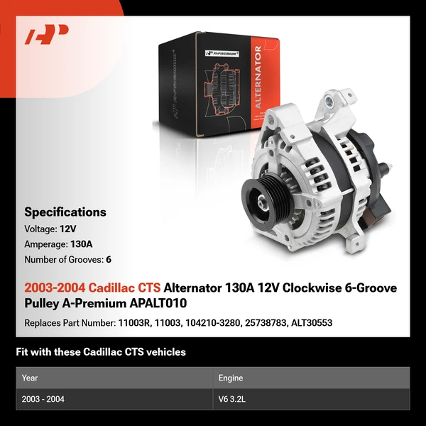 2003-2004 Cadillac CTS Alternator 130A 12V Clockwise 6-Groove Pulley A-Premium APALT010