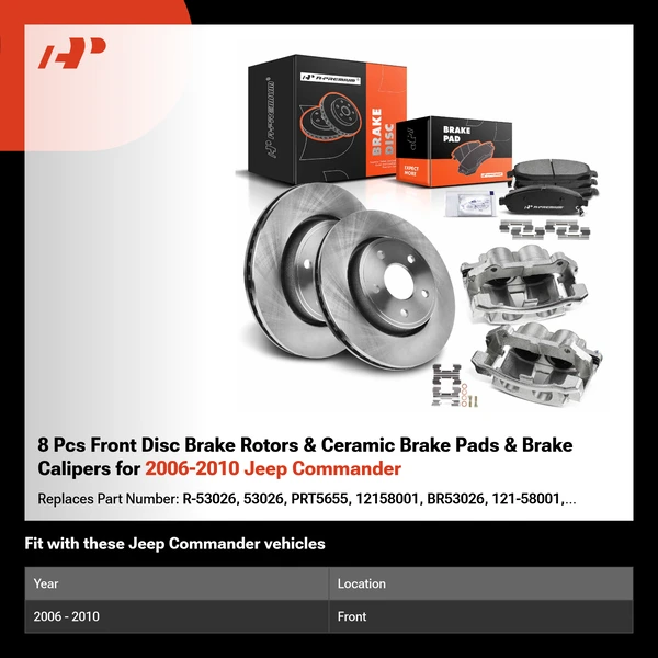 8 Pcs Front Disc Brake Rotors & Ceramic Brake Pads & Brake Calipers for 2006-2010 Jeep Commander