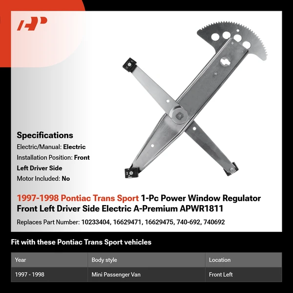 1997-1998 Pontiac Trans Sport 1-Pc Power Window Regulator Front Left Driver Side Electric A-Premium APWR1811