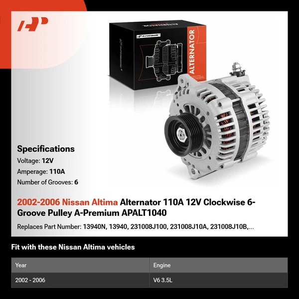 2002-2006 Nissan Altima Alternator 110A 12V Clockwise 6-Groove Pulley A-Premium APALT1040