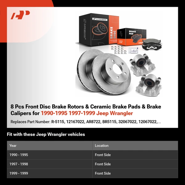 8 Pcs Front Disc Brake Rotors & Ceramic Brake Pads & Brake Calipers for 1990-1995 1997-1999 Jeep Wrangler