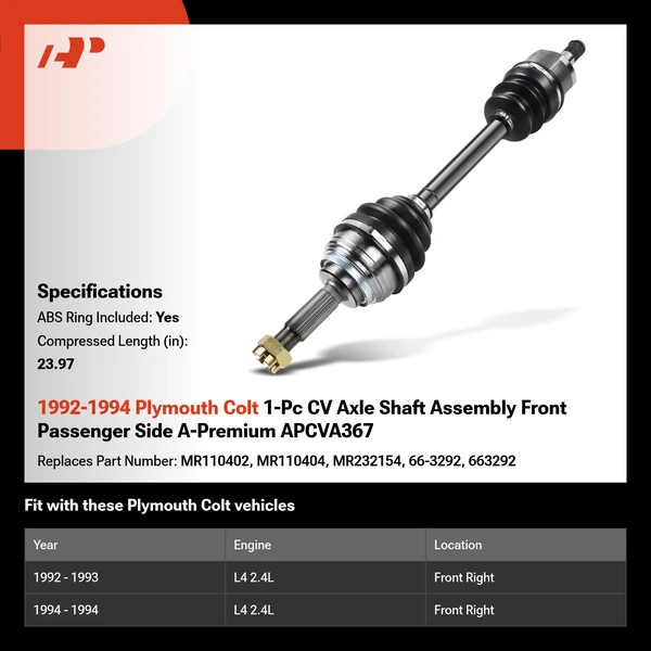 1992-1994 Plymouth Colt 1-Pc CV Axle Shaft Assembly Front Passenger Side A-Premium APCVA367