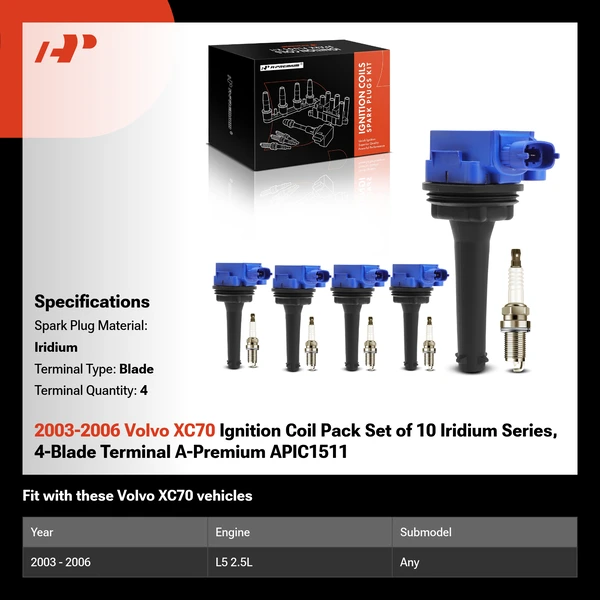 2003-2006 Volvo XC70 Ignition Coil Pack Set of 10 Iridium Series, 4-Blade Terminal A-Premium APIC1511