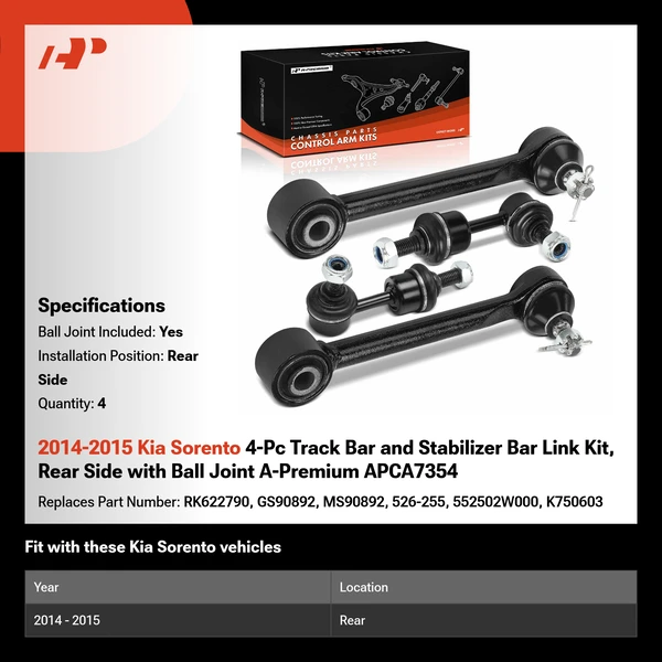 2014-2015 Kia Sorento 4-Pc Track Bar and Stabilizer Bar Link Kit, Rear Side with Ball Joint A-Premium APCA7354
