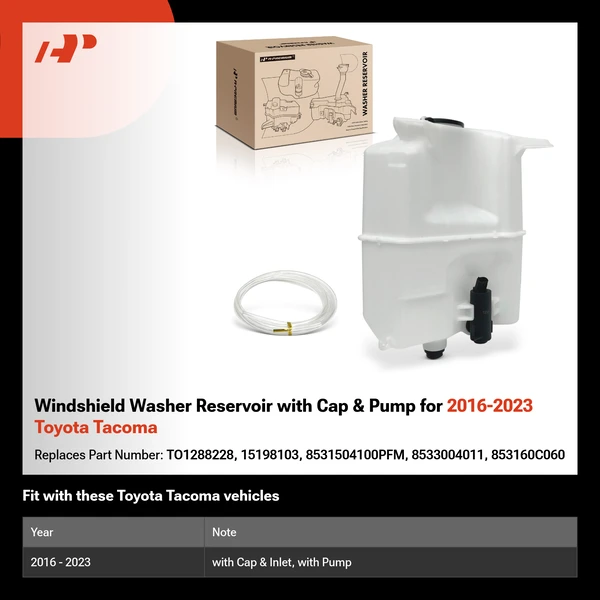 Windshield Washer Reservoir with Cap & Pump for 2016-2023 Toyota Tacoma