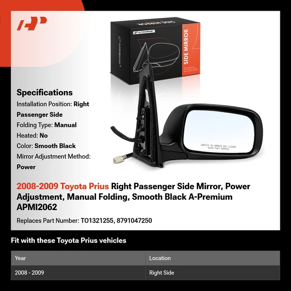 2008-2009 Toyota Prius Right Passenger Side Mirror, Power Adjustment, Manual Folding, Smooth Black A-Premium APMI2062