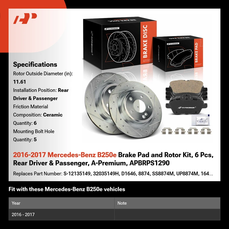 2016-2017 Mercedes-Benz B250e Brake Pad and Rotor Kit, 6 Pcs, Rear Driver & Passenger, A-Premium, APBRPS1290