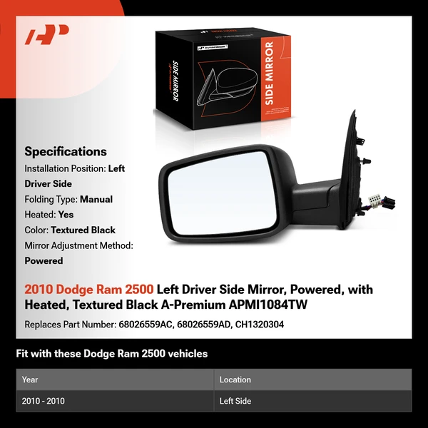 2010 Dodge Ram 2500 Left Driver Side Mirror, Powered, with Heated, Textured Black A-Premium APMI1084TW