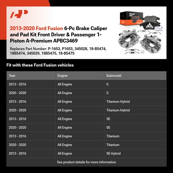 2013-2020 Ford Fusion 6-Pc Brake Caliper and Pad Kit Front Driver & Passenger 1-Piston A-Premium APBC3469