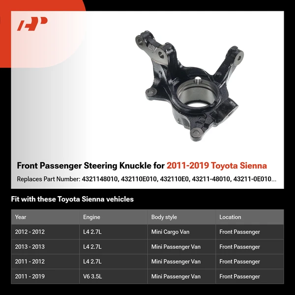 Front Passenger Steering Knuckle for 2011-2019 Toyota Sienna